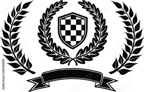 Obraz Black and White Racing Flags with Laurel Wreath Shields vector illustration 