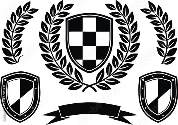 Obraz Black and White Racing Flags with Laurel Wreath Shields vector illustration 