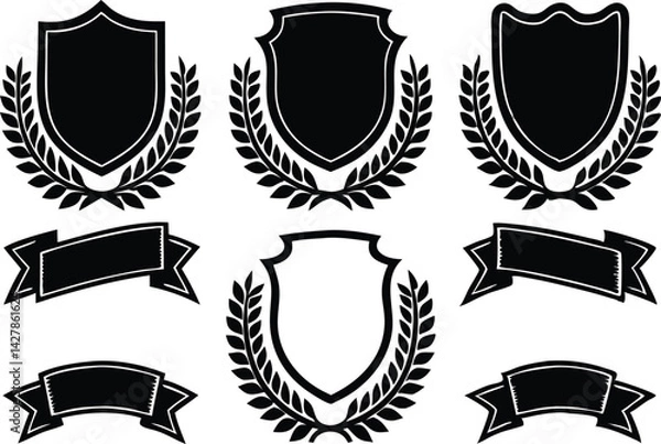 Fototapeta Black Shields and Banners Laurel Wreath Elements vector illustration