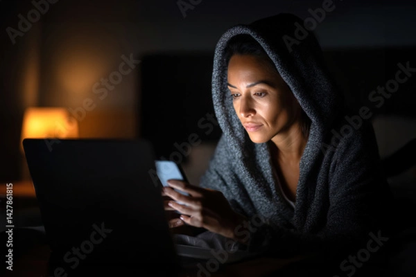 Obraz Close-up of young woman in hoodie under dim light, working on laptop, notifications flashing on phone
