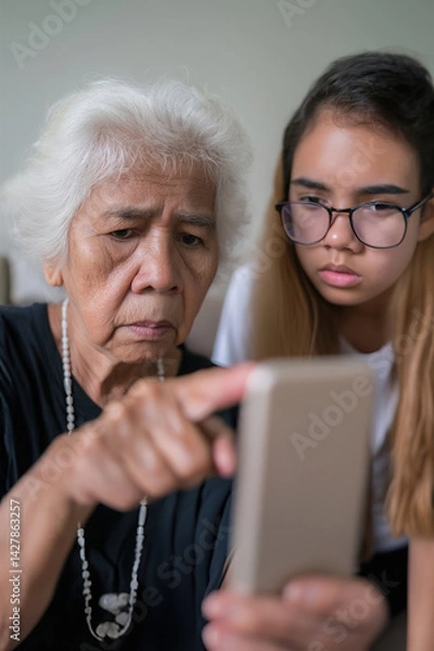 Obraz Close-up of grandmother pointing at phone while teenage granddaughter browses food delivery app on sofa