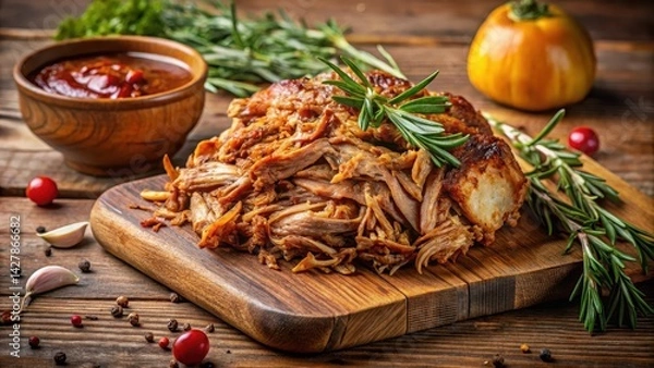 Obraz Slow-cooked pulled pork on a rustic wooden board, garnished with fresh rosemary sprigs and served amidst a medley of golden-brown accompaniments , #rosemary, #pulledpork