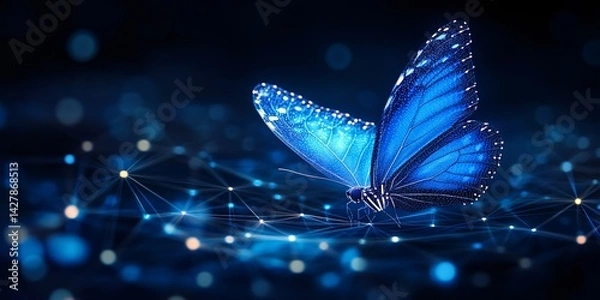 Fototapeta digital blue butterfly with glowing network background