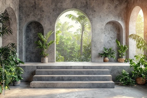Fototapeta Minimalist geometric composition with large gray stone blocks in an arch shape, surrounded by plants for product display podium.