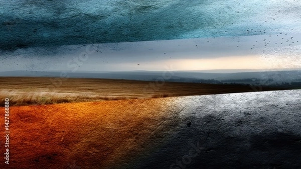 Fototapeta Abstract Landscape with Textured Layers, Stormy Sky, Fields, and Birds in Flight