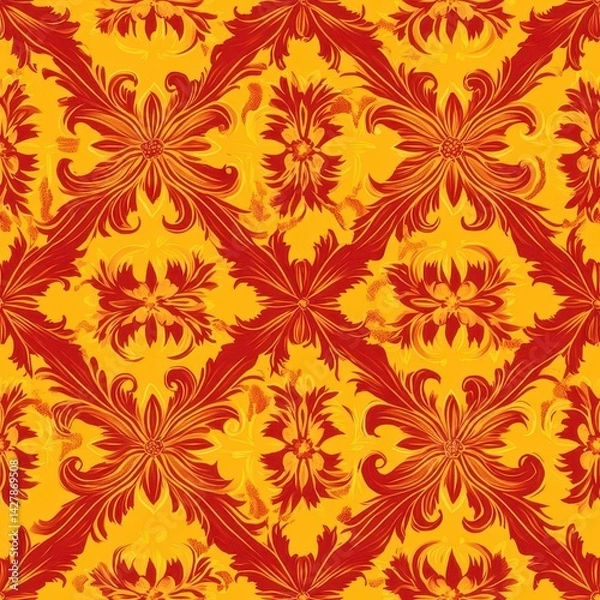 Obraz Red and yellow floral pattern with a repeating design.