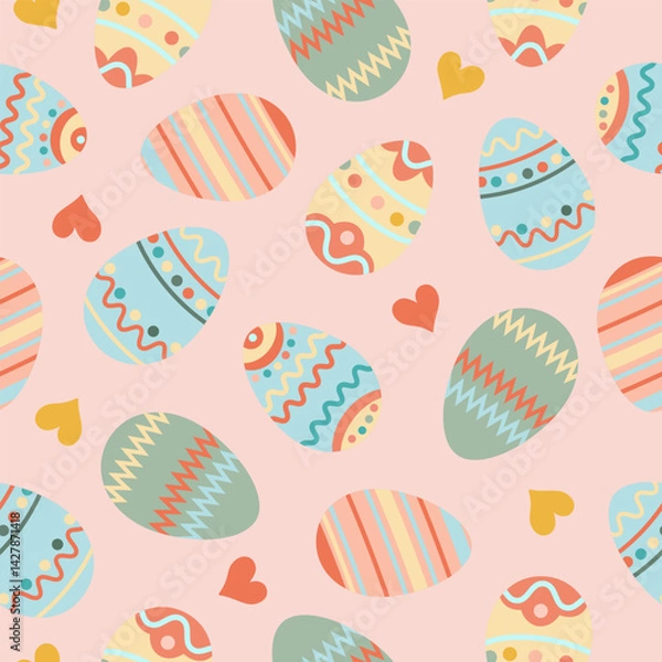 Fototapeta Happy easter. Seamless pattern with easter eggs, hearts on pink background.