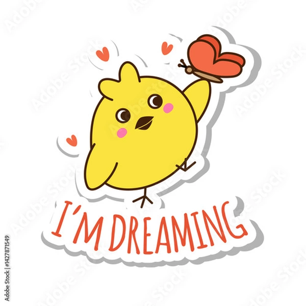 Fototapeta Sticker with cute yellow chicken with butterfly. Vector illustration isolated on white background.