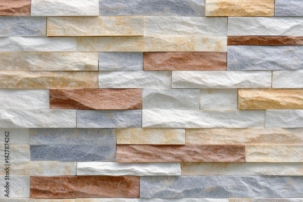 Fototapeta Colorful stone wall cladding.  Textured,  stacked rectangular panels in various shades of beige,  light brown,  and gray.  Close-up view