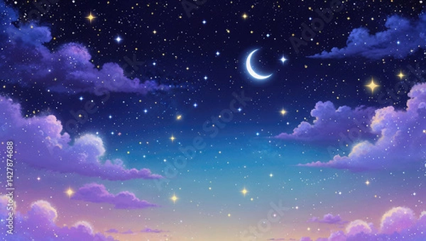 Obraz 雲の向こうに見える星空と月、夜景