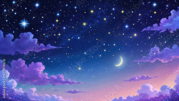 Fototapeta 雲の向こうに見える星空と月、夜景