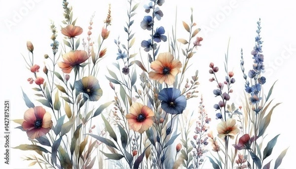 Fototapeta Watercolor floral vertical background with soft botanical elements