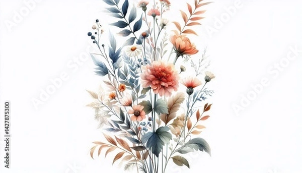 Fototapeta Watercolor floral vertical background with soft botanical elements
