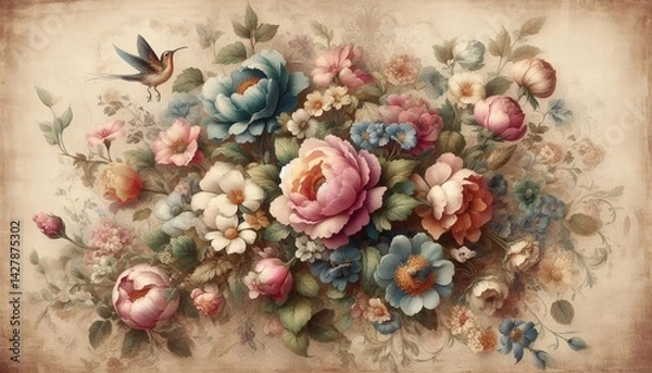 Fototapeta Watercolor floral vertical background with soft botanical elements