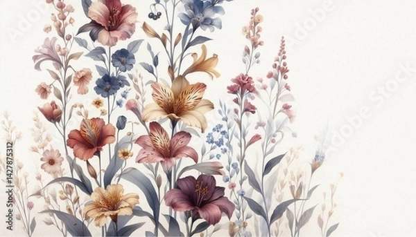 Fototapeta Watercolor floral vertical background with soft botanical elements