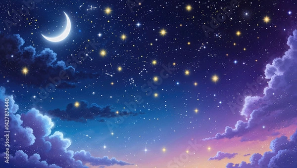 Obraz 雲の向こうに見える星空と月、夜景