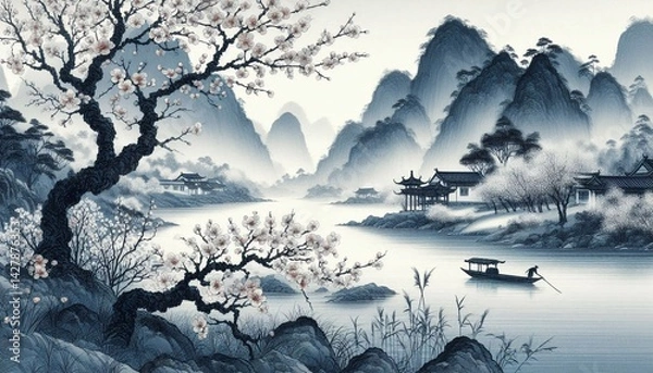 Fototapeta Chinese style ink and wash landscape with splashing white textures