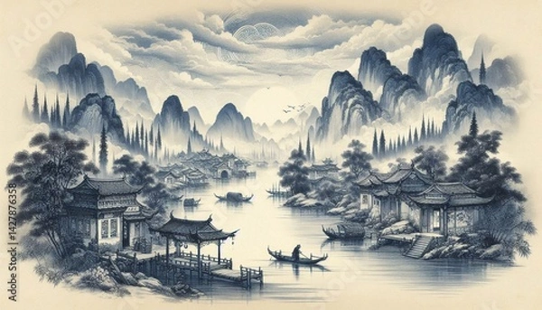 Fototapeta Chinese style ink and wash landscape with splashing white textures