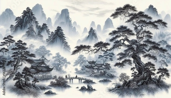 Fototapeta Chinese style ink and wash landscape with splashing white textures