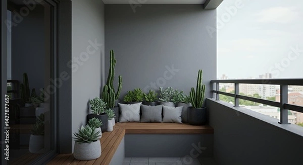 Fototapeta Serene Balcony Oasis: Modern Minimalist Design with Succulents and City Views