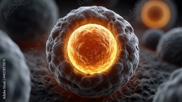 Fototapeta IVF and Science concept, Abstract representation of a cell with glowing details against a dark background.