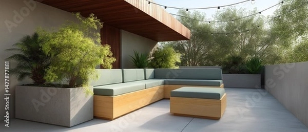 Obraz Modern outdoor seating area on a concrete patio. the patio has a wooden pergola attached to the wall on the left side, providing shade from the sun.