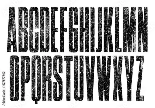 Fototapeta Rough Texture Font. Eroded Letterpress Texture Ultra Condensed Font. Detailed, individually textured characters with a distressed, worn printed texture.