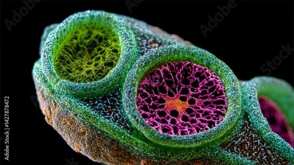 Fototapeta IVF and Science concept, Microscopic view of a plant structure showcasing intricate patterns and vibrant colors.