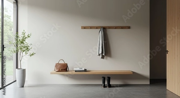 Obraz Minimalist Entryway Design: Oak Bench, Hooks, and Natural Light