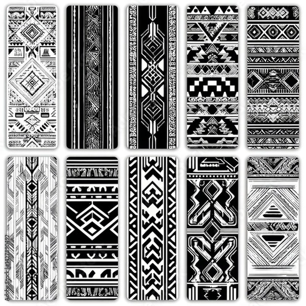 Obraz Black and White Geometric Tribal Patterns for Peaceful Ethnic Aesthetic Design