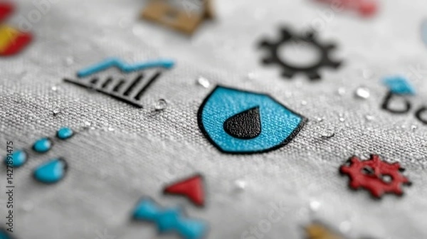 Obraz Colorful Icons and Shield Logo on Fabric Background with Water Droplets