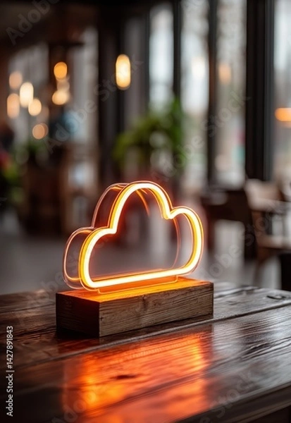 Obraz Neon Cloud Storage Concept Displayed on Tablet in Modern Cafe Setting