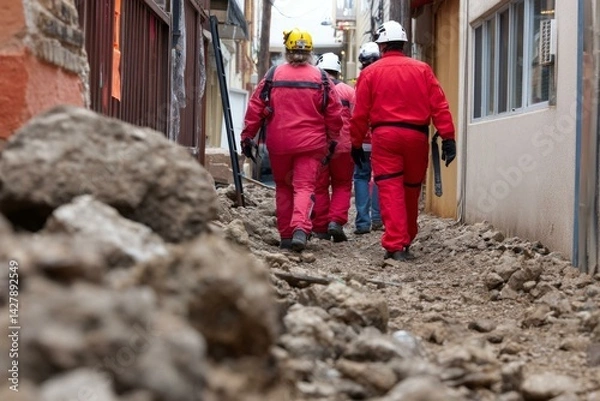 Fototapeta Rescue Workers Navigate Rubble-Strewn Alleyway: A Search and Recovery Operation in Progress After Disaster