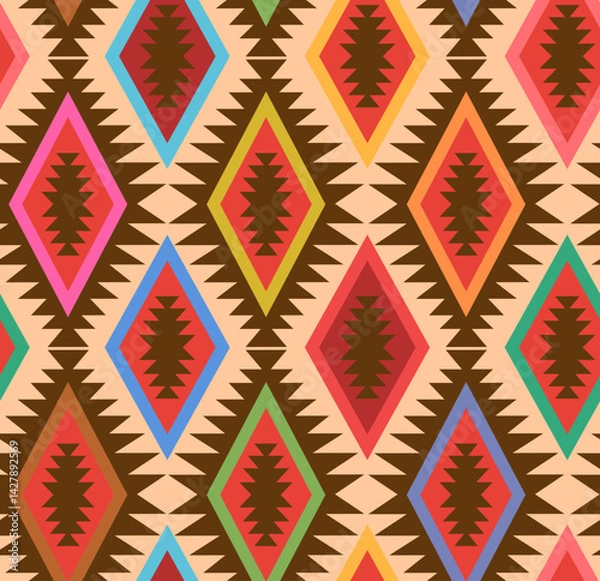 Fototapeta zigziag stars diamonds geometric abstract folk art modern rainbow and brown on beige colored seamless pattern, vector illustration repeat design print