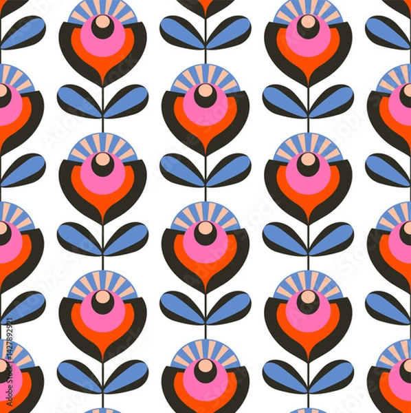 Fototapeta retro style burst flowers in pink red lilac black colors  seamless pattern, vector illustration repeat design