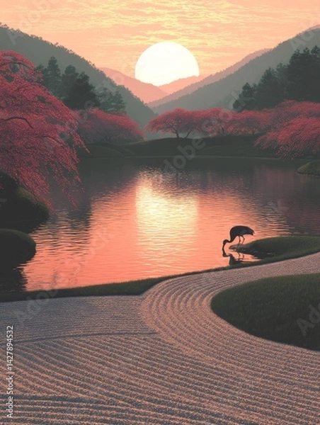 Obraz Serene Japanese Garden at Sunset with Raked Gravel and Cherry Blossom Trees