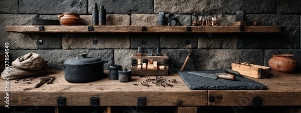Obraz Industrial Kitchen Backdrop with Rustic Elements and Tools on Wooden Counter