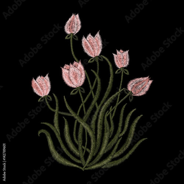 Fototapeta Embroidery trend floral pattern with tulips in simplistic style. Vector fashion bouquet of flowers sign on black background for clothing design.
