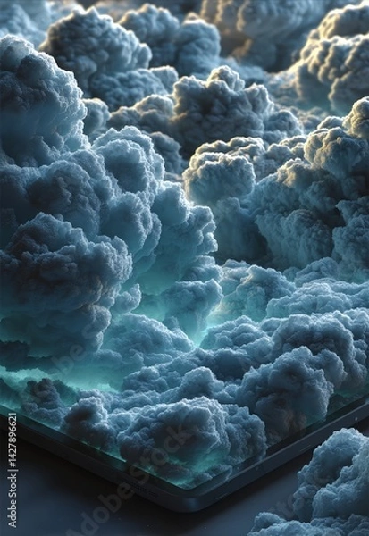 Fototapeta Neon Blue Hologram Clouds Displayed on a Futuristic Computing Tablet Screen