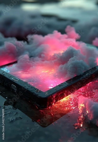 Fototapeta Futuristic Tablet Surrounded by Ethereal Clouds and Illuminated by Soft Light