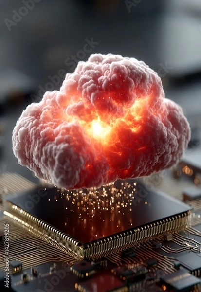 Obraz Vivid Neon Cloud Storage Concept with Exploding Effects on a Circuit Board Background
