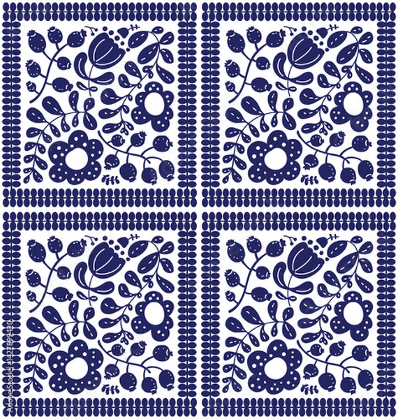 Fototapeta folk art style blooms and botanical branches in checkers seamless pattern, navy blue and white vector illustration repeat design