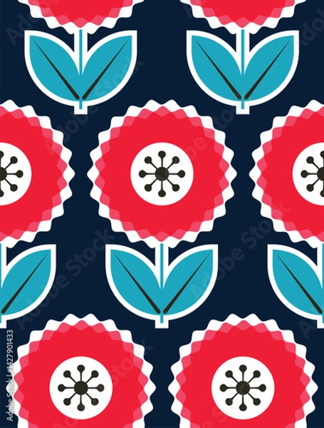 Fototapeta retro futuristic  geometric mid century modern blooms flowers in red navy blue and white seamless pattern, vector illustration repeat design floral print