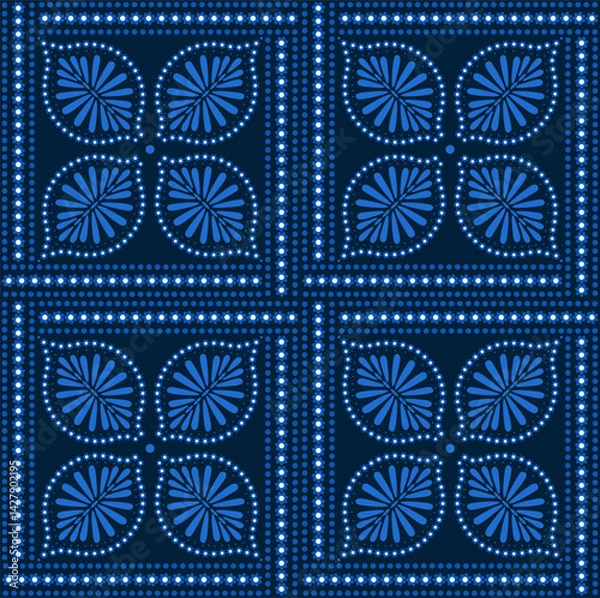 Fototapeta mediterranean ornate floral botanical checkers tiles in blue and dark navy, vector illustration repeat design