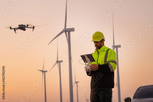 Fototapeta Engineers male flying drone surveying and checking wind turbines from the high angle view of the field during beautiful sunset. using drone technology for work.
