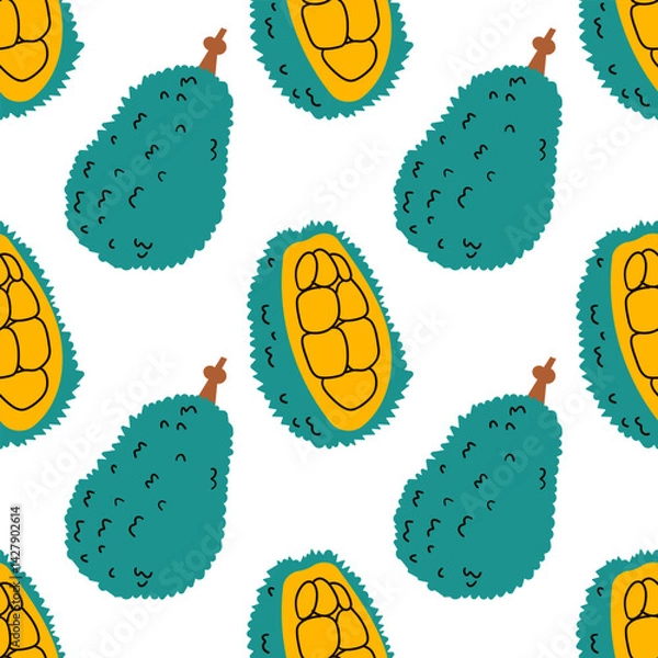 Fototapeta Cute summer seamless pattern with exotic fruits, fresh sliced . Hand drawn citrus fabric print wallpaper texture, juicy tropical fruit background patterns vector . Hand drawn illustration .