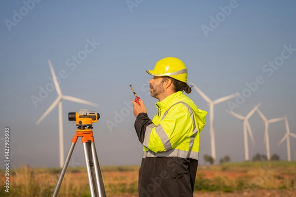 Fototapeta Engineer man working at windmill farm Generating electricity clean energy. Wind turbine farm generator by alternative green energy.
