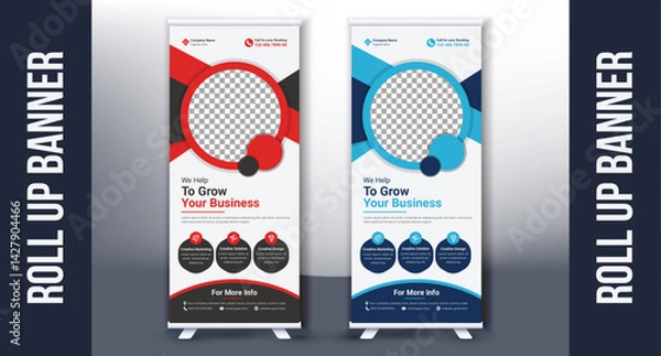 Fototapeta Roll up banner pull up signage x-stand design template with blue red elements for company business promotion marketing exhibition display  