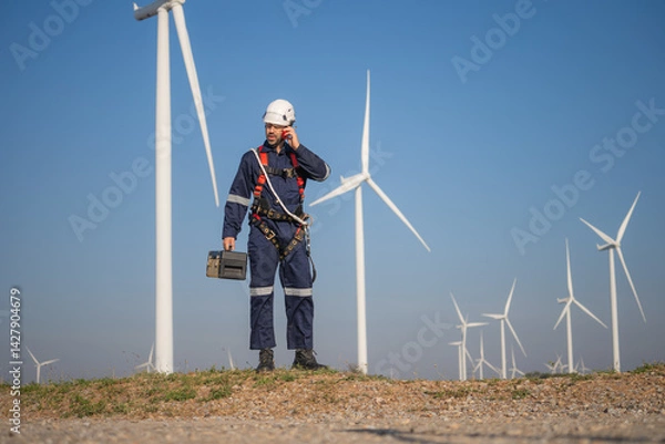 Fototapeta Engineer man working at windmill farm Generating electricity clean energy. Wind turbine farm generator by alternative green energy.