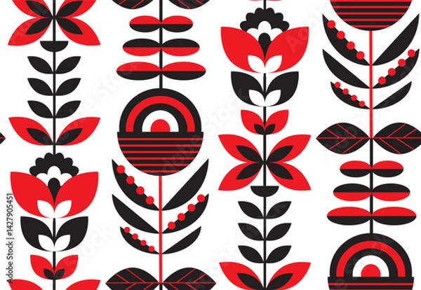 Fototapeta folk art scandi nordic black white red flowers and botanicals seamless pattern, vector illustration repeat design
